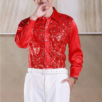 Shiny Gold Sequin Glitter Long Sleeve Shirt Men 2019 New Fashion Nightclub Party Stage Disco Chorus Shirt for Men Chemise Homme