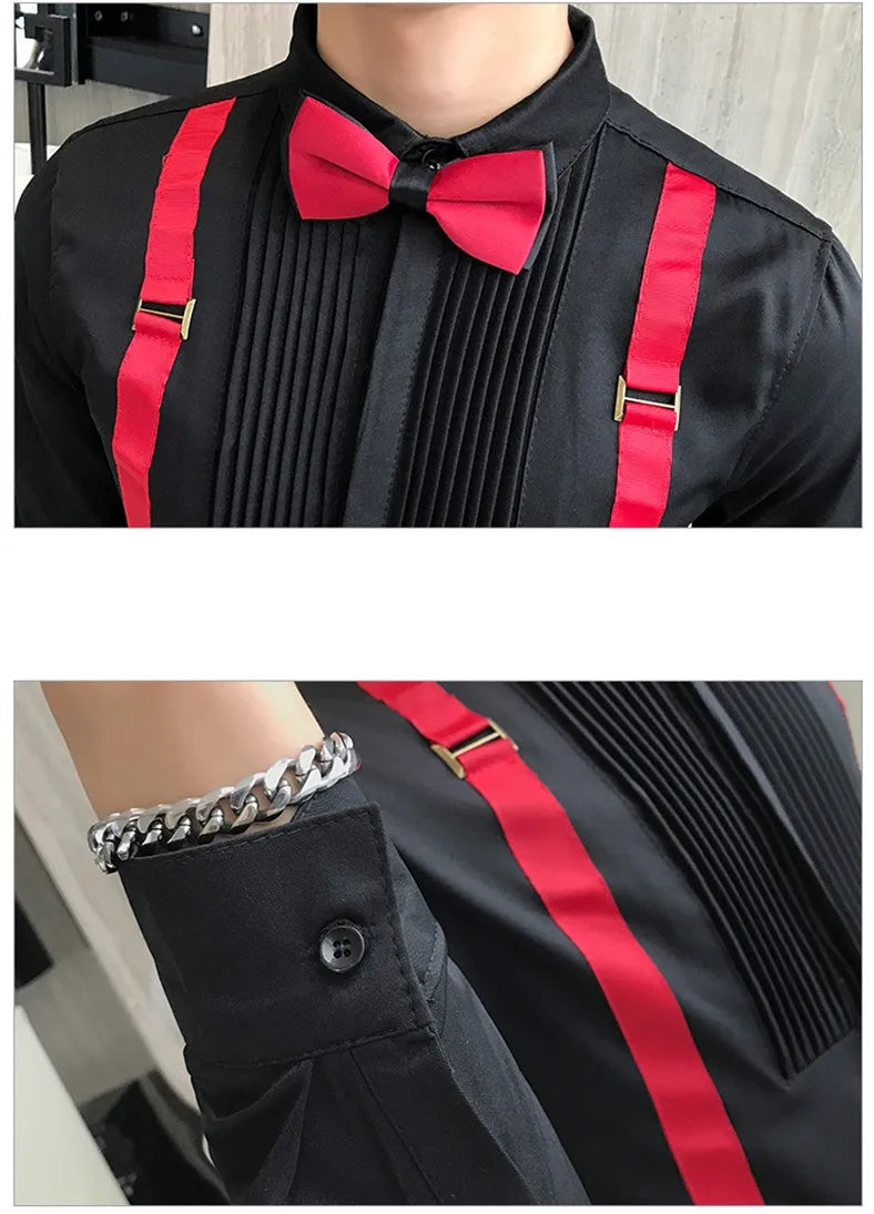 Men's Tuxedo Shirt Bow-tie Chest Pleated Strap Long Sleeve Slim Fit Prom Dress Blouse Black Red White Wedding Clothes