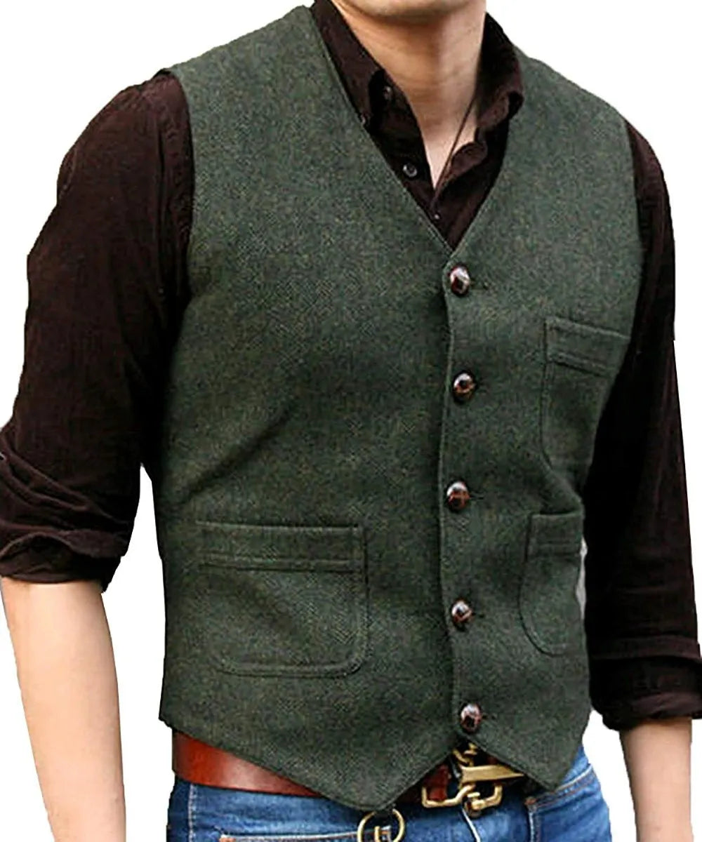 Men's Suit Formal V Neck Wool Herringbone Tweed Casual Waistcoat Formal Business Vest Groomman For Wedding Green/Black/Brown - MAGNET MARKET