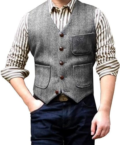 Men's Suit Formal V Neck Wool Herringbone Tweed Casual Waistcoat Formal Business Vest Groomman For Wedding Green/Black/Brown - MAGNET MARKET