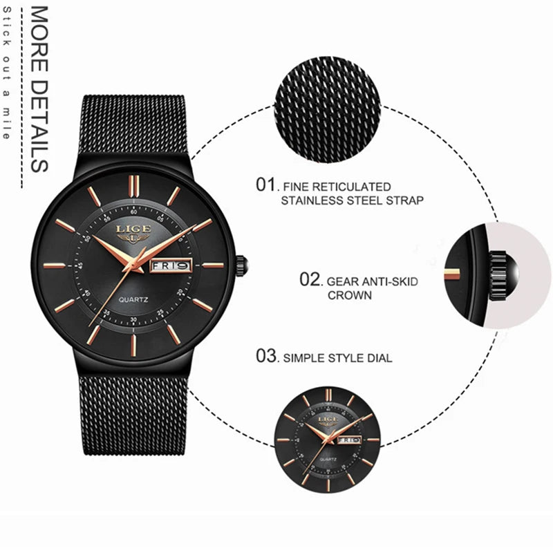 Mens Watches LIGE Top Brand Luxury Waterproof Ultra Thin Date Clock Male Steel Strap Casual Quartz Watch Men Sports Wrist Watch