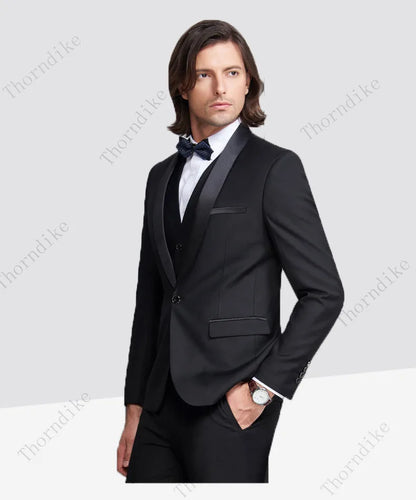 Thorndike Men Suits 3 Pieces Black Fit Casual Groomsmen Army Lapel Business Tuxedos for Formal Wedding(Blazer+Pants+Vest) - MAGNET MARKET