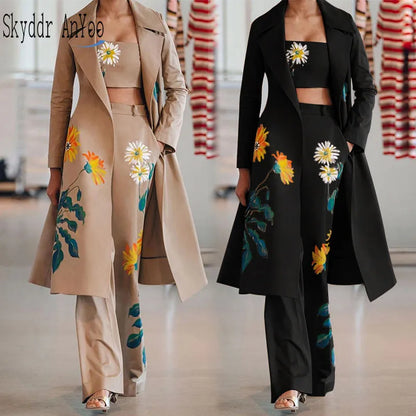 2022 Spring Autumn Women Suit Fashion 3 Pcs Sets Female Printed Long Coat+Tank Top+High Waist Pants Women's Office Suit Clothes