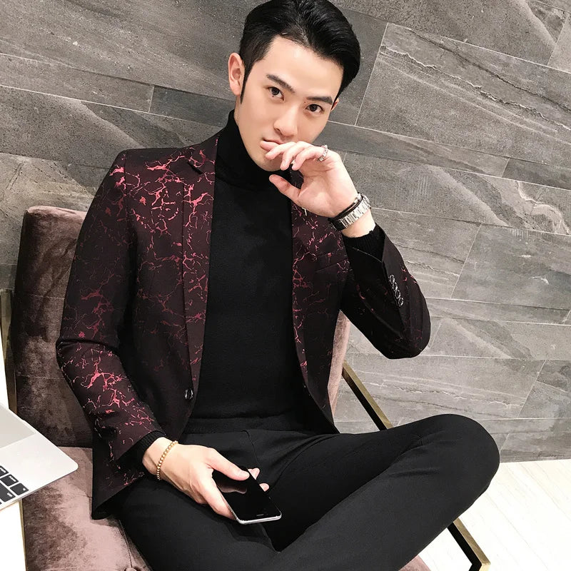 Luxury Party Prom Blazer Autumn Men Shinny Yarn Wine Red Blue Black Blazer Jacket Men Slim Fit Business Dress Suit Coat Jackets - MAGNET MARKET