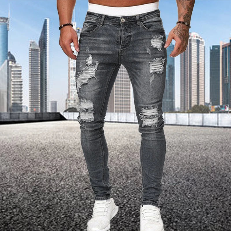 Fashion Street Style Ripped Skinny Jeans Men Vintage wash Solid Denim Trouser Mens Casual Slim fit pencil denim Pants hot sale - MAGNET MARKET