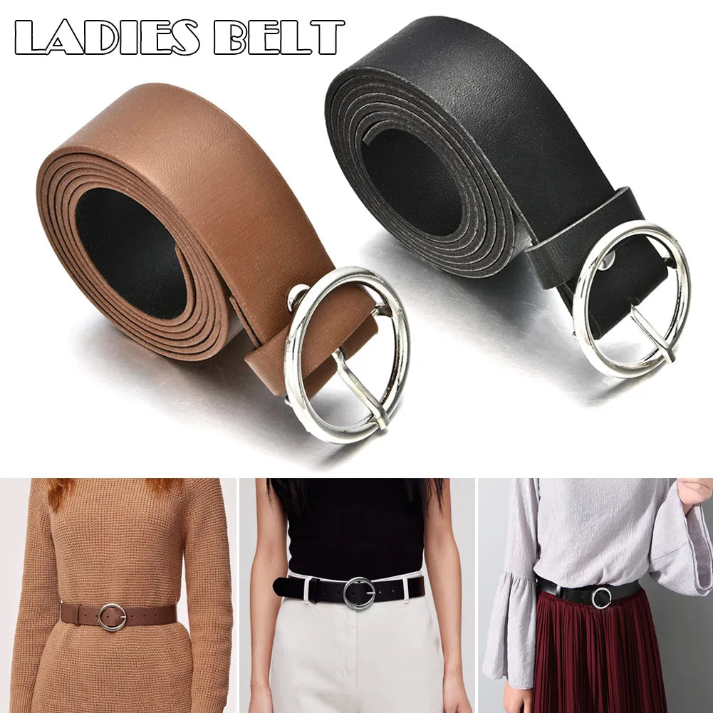 Women Faux Leather Belt Jeans Belts for Women Dresses with Classic Round Buckle H9