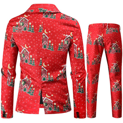 Red Printed Two-piece Men's Christmas Suit (Jacket + Pants) Stylish Male Blazer Coat with Trousers Black Green Blue S-4XL - MAGNET MARKET