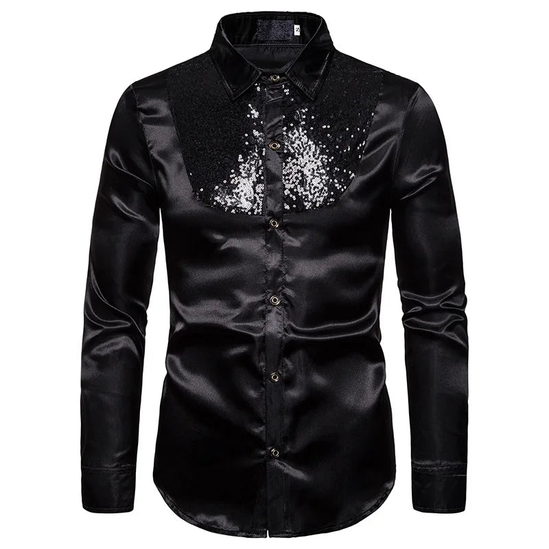 Red Sequin Glitter Silk Shirt Men 2022 Fashion Stage Prom Dance Mens Dress Shirts Party Wedding Groom Satin Patchwork Shirt Male