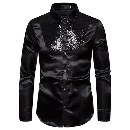 Red Sequin Glitter Silk Shirt Men 2022 Fashion Stage Prom Dance Mens Dress Shirts Party Wedding Groom Satin Patchwork Shirt Male