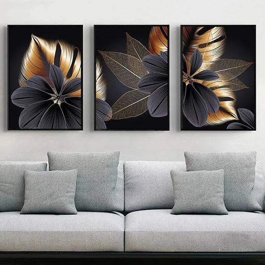 Modern Abstract Wall Art Poster Prints Black Golden Plant Leaf  Canvas Painting Nordic Picture For Room Home Decoration