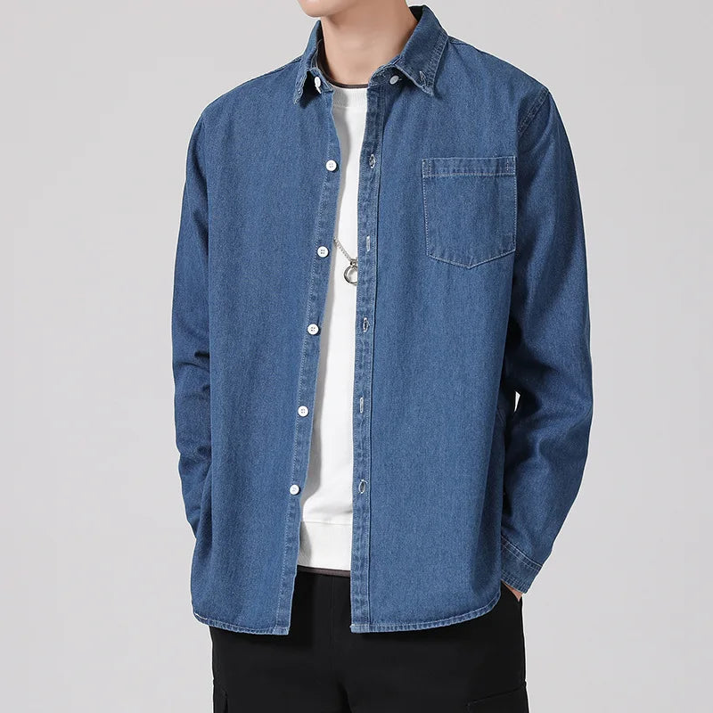 Blue Denim Blouse Autumn Winter Men Fashion Turn-down Collar Long Sleeve Button Up Shirt Man Casual Big Size Jean Jacket Camisas - MAGNET MARKET