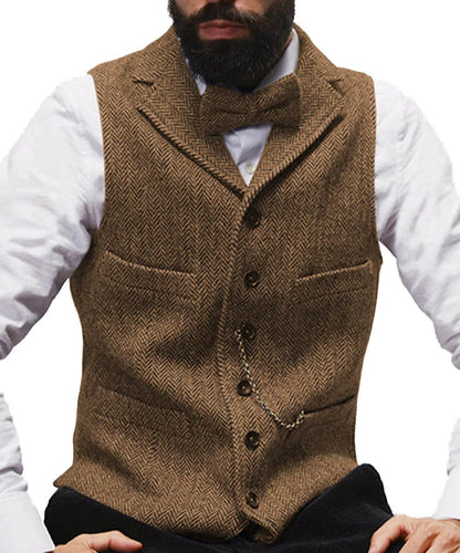 Mens Suit Vest Lapel V Neck Wool Herringbone Casual Formal Business Vest Waistcoat Groomman For Wedding Green/Burgundy/Brown - MAGNET MARKET