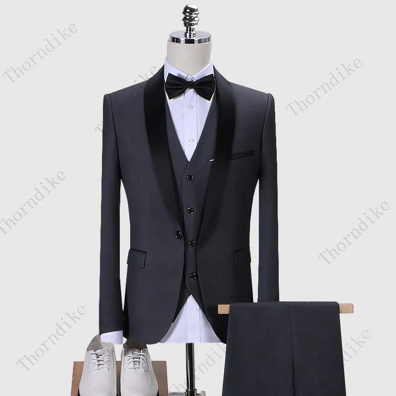 Thorndike Men Suits 3 Pieces Black Fit Casual Groomsmen Army Lapel Business Tuxedos for Formal Wedding(Blazer+Pants+Vest) - MAGNET MARKET