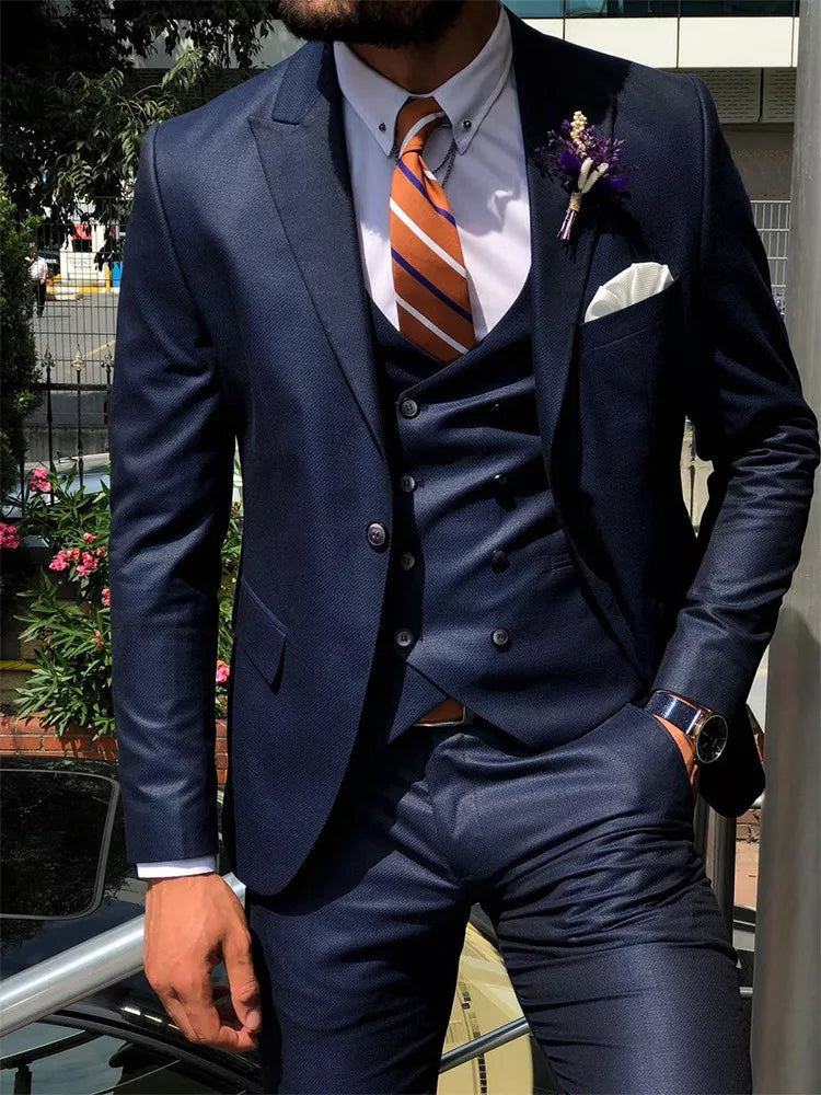 ANNIEBRITNEY Dark Blue 3 Piece Slim Men Fashion Suit Cutsom Groom Wedding Tuxedo Prom Wedding Tailor Made Men Suit With Pants - MAGNET MARKET