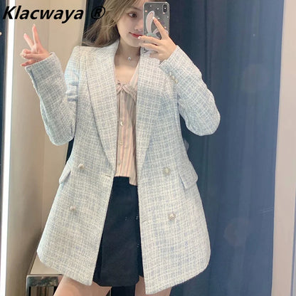 Za 2021 Women Suit Jacket Tweed Blazer Women Jacket Femme Plaszcz Wiosenny Damski Sobrecamisa Cuadros Plaid Checkered Blazer