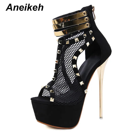 Aneikeh 2024 Mesh Fashion Women Rivets Platforms Boots Square High Heels Shoes Zip Open toe Sexy Boots Solid Party Size 34-40