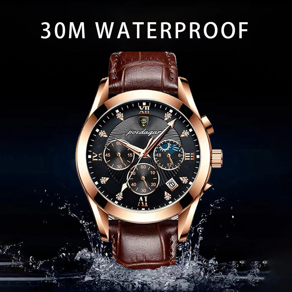 POEDAGAR Men Watch New Top Brand Luxury Waterproof Luminous Sport Wristwatch Quartz Military Genuine Leather Relogio Masculino