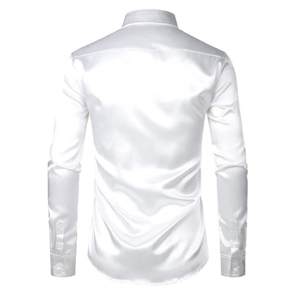 White Silk Satin Tuxedo Shirt Men 2023 Brand Long Sleeve Fitted Mens Dress Shirts Wedding Party Dance Male Casual Shirt Chemise