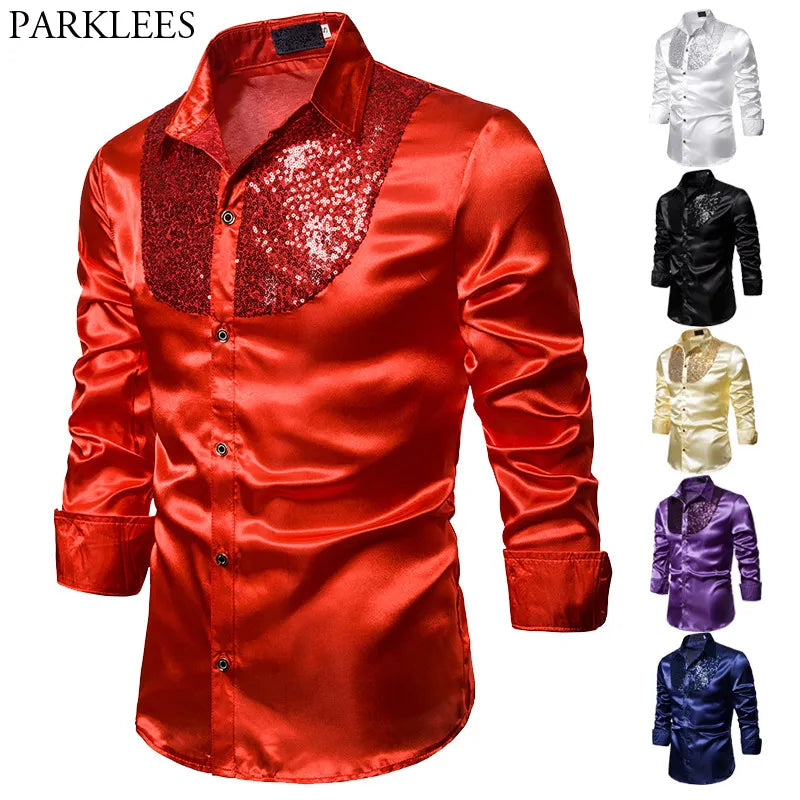 Red Sequin Glitter Silk Shirt Men 2022 Fashion Stage Prom Dance Mens Dress Shirts Party Wedding Groom Satin Patchwork Shirt Male