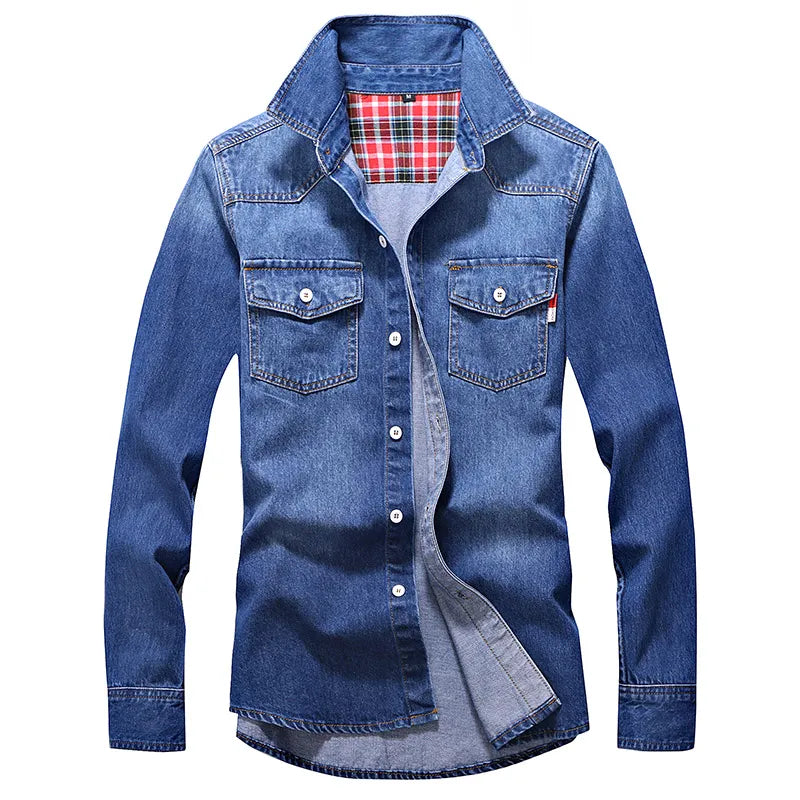 Denim Shirt Men Cotton Jeans Shirt Fashion Autumn Slim Long Sleeve Cowboy Shirt Stylish Wash Slim Tops Asian Size 3XL - MAGNET MARKET