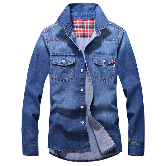 Denim Shirt Men Cotton Jeans Shirt Fashion Autumn Slim Long Sleeve Cowboy Shirt Stylish Wash Slim Tops Asian Size 3XL - MAGNET MARKET