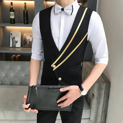 Business Casual Suit Vest for Men Formal Single Breasted Bar Waiter Work Uniform Nightclub Slim Fit Wedding Black Dress Vest Man - MAGNET MARKET