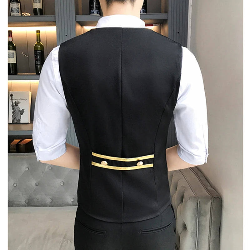 Business Casual Suit Vest for Men Formal Single Breasted Bar Waiter Work Uniform Nightclub Slim Fit Wedding Black Dress Vest Man - MAGNET MARKET