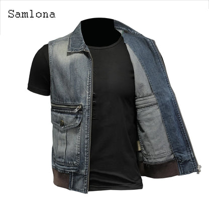 Samlona Mens Fashion Leisure Demin Vest Spliced Retro Jean Outerwear 2022 European and American style Autumn Zip up Deim Jackets - MAGNET MARKET