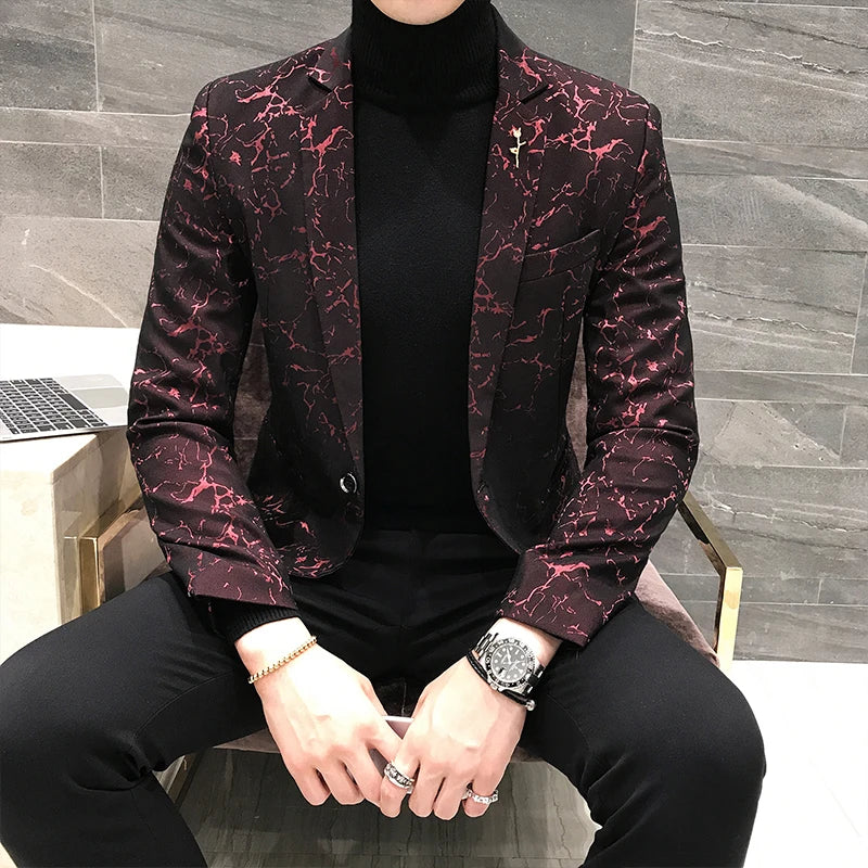 Luxury Party Prom Blazer Autumn Men Shinny Yarn Wine Red Blue Black Blazer Jacket Men Slim Fit Business Dress Suit Coat Jackets - MAGNET MARKET