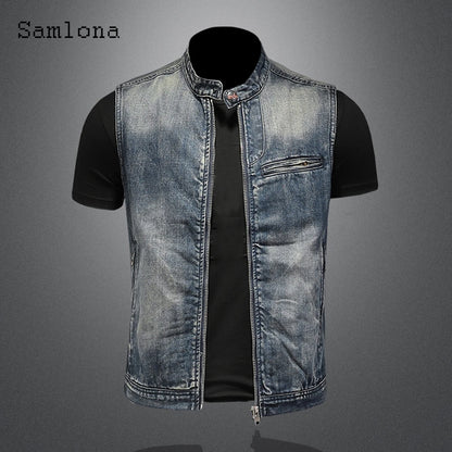 Samlona Mens Fashion Leisure Demin Vest Spliced Retro Jean Outerwear 2022 European and American style Autumn Zip up Deim Jackets - MAGNET MARKET