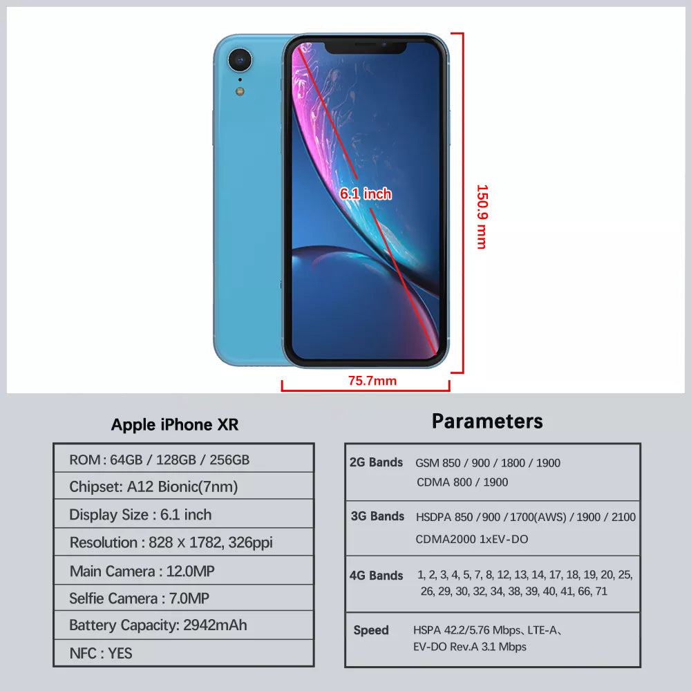 Original Apple iPhone XR 4G LTE Mobile Phone Used 6.1" 3GB RAM 64GB/128GB/256GB ROM CellPhone 12MP+7MP HexaCore Apple Smartphone