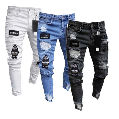 White Embroidery Jeans Men Cotton Stretchy Ripped Skinny Jeans High Quality Hip Hop Black Hole Slim Fit Oversize Denim Pants - MAGNET MARKET