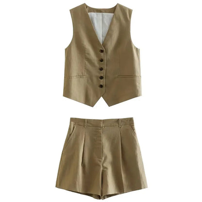 TRAFZA Women Elegant Solid Button Sleeveless Linen Shorts Set Vintage Casual V Neck Chic Vest Set 2023 Women's Office Lady Suit