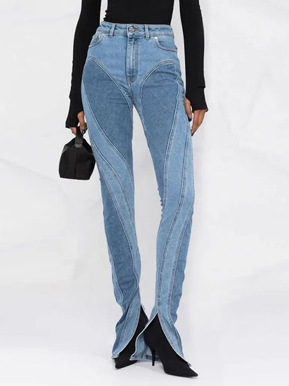 DEAT Fashion Women's Jeans Slim Deconstruct Panelled Patchwork High Waist Split Blue Long Denim Pants Autumn 2023 New 1DF2575