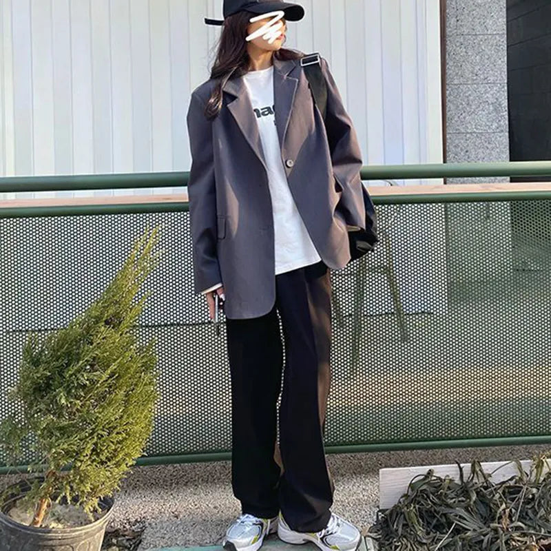 Lcuyever Korean Style Gray Blazer for Women Spring Autumn Long Sleeve Loose Suit Coat Woman Single Breasted Chic Jackert Female