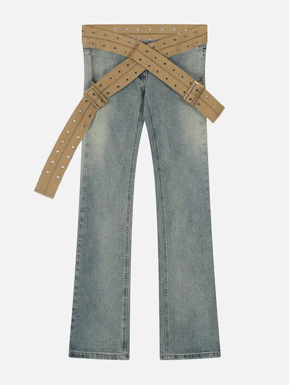 REDDACHiC Vintage Low Waist Flare Jeans Women Cross-Webbing-Belt Bell bottoms Slim Bootcut Pants Grunge Y2k Trousers Streetwear