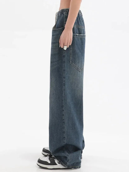 Spring Women Vintage Baggy Jeans Elastic Waist Oversized American Trouser Denim Wide Leg Streetwear Straight Basic Pants Y2k