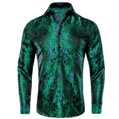 Hi-Tie Long Sleeve Silk Shirts for Men Suit Dress Outwear Male Slim Jacquard Wedding Floral Paisley Gold Blue Red High Quality