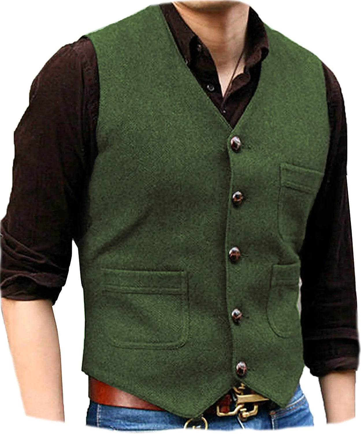 Men's Suit Formal V Neck Wool Herringbone Tweed Casual Waistcoat Formal Business Vest Groomman For Wedding Green/Black/Brown - MAGNET MARKET