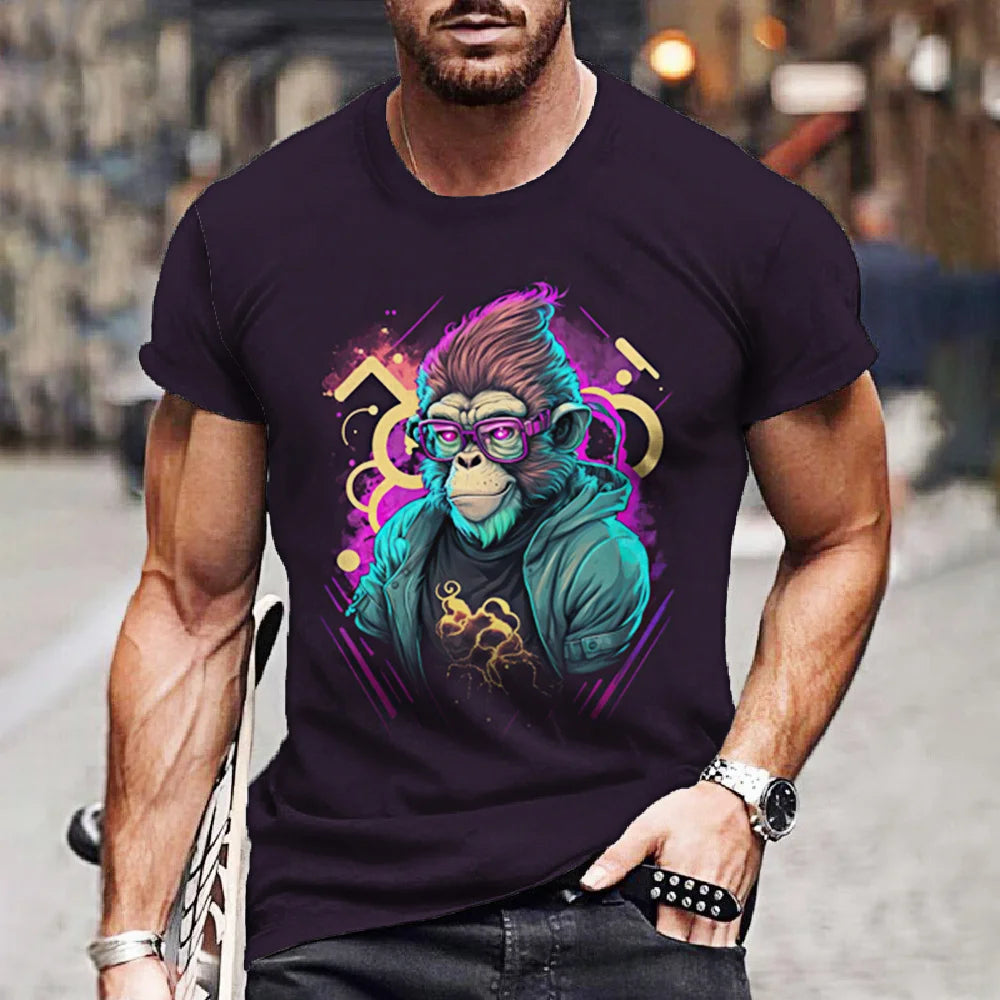 Men's T-Shirt Hip Hop Monkey Print Shirts O-Neck T Shirt Summer Male Tops Short Sleeve Casual Man Tees Oversized Animal Clothing