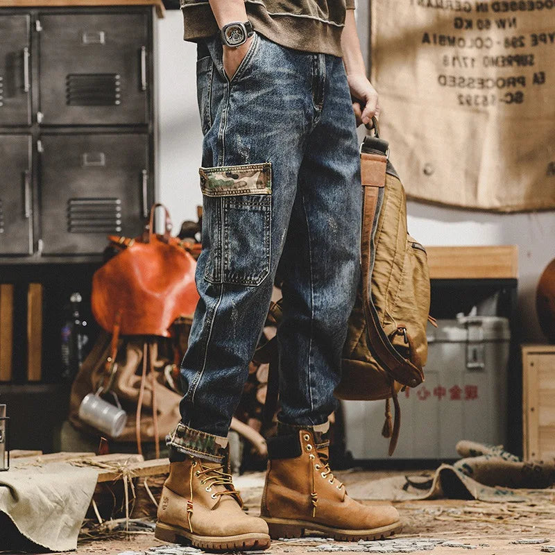 New Spring Autumn Vintage Big Pocket Male Fashion Denim Work Wear Cargo Casual Korean Hip-hop Baggy Jeans Men Overalls Trousers - MAGNET MARKET