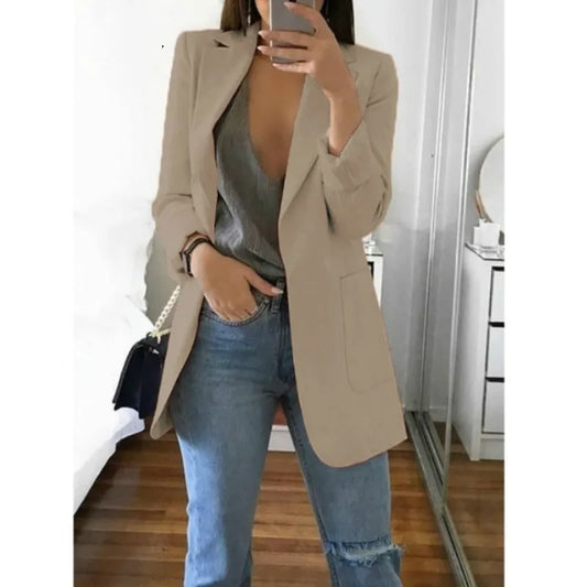 Fashion Korean Casual Women's Blazer Spring Autumn Long Blazer Women Suit Outwear Slim Coats Office Ladies Blazer Work Jacket