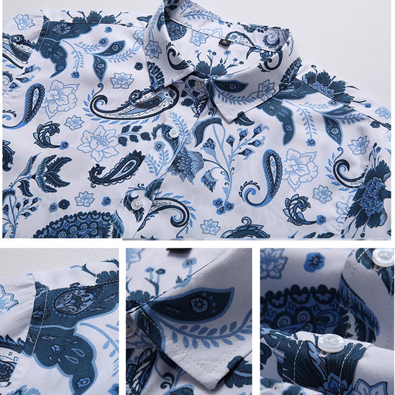 Men's Paisley Floral Shirts 7XL Korean Elegant Long Sleeve Camisa Hawaiana Hombre Button Up Shirt Men Vintage Blouses Streetwear