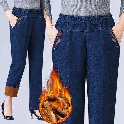 Winter Velvet Lined Baggy Jeans Straight Pants Mom Plush Elastic High Waist Vaqueros Pantalones Vintage Warm Thick Denim Broek