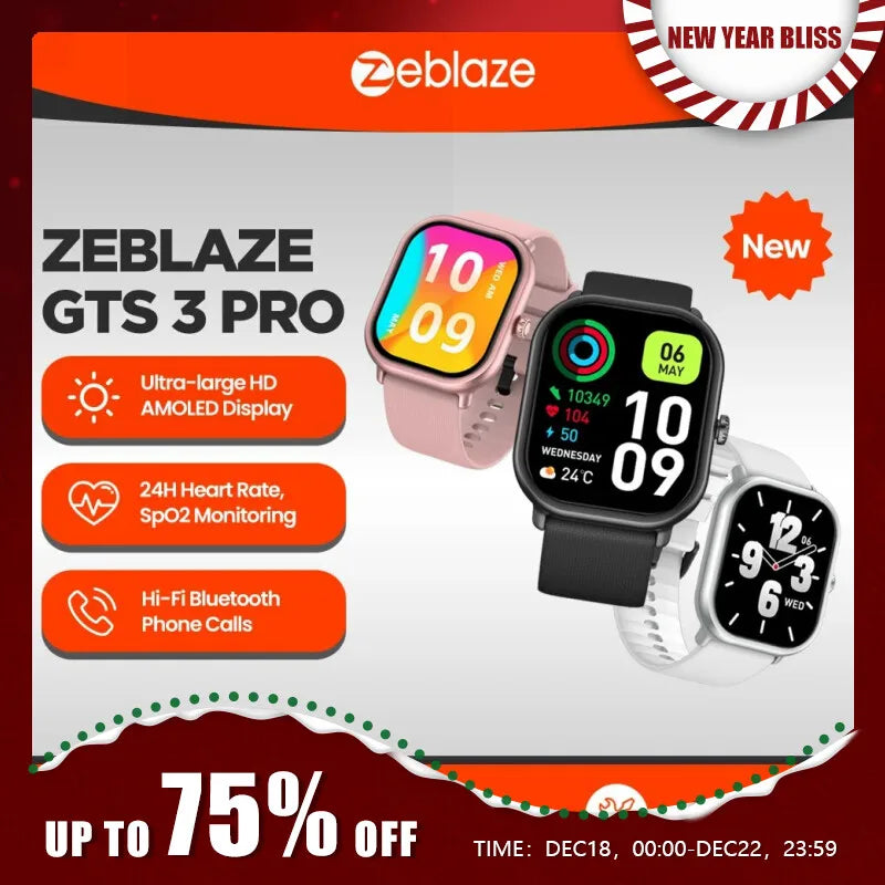 New Zeblaze GTS 3 Pro Smart Watch Ultra-big HD AMOLED Screen HiFi Bluetooth Phone Calls Health and Fitness Tracking Smartwatch