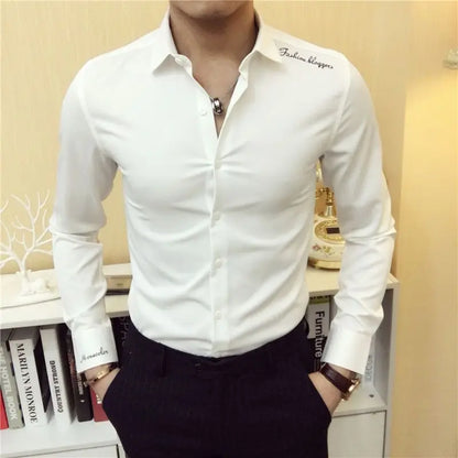 2023 Spring and Autumn Men's Solid Color Slim Fit Button Embroidery Letters Casual Fashion Elegant Commuter Long Sleeve Shirt