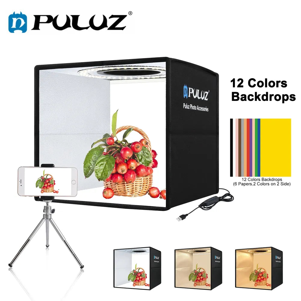 Puluz Photo Studio Light Box,Photography Lightbox,Folding Photo Studio Shooting Tent Box Softbox Kits With 6/12 Color Background