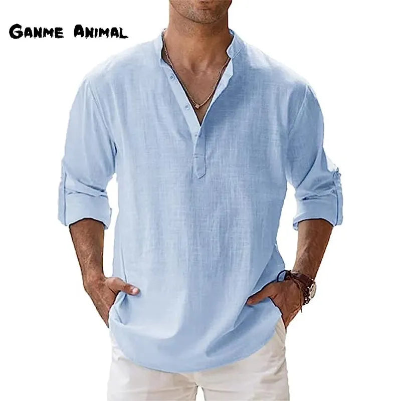 New Cotton Linen Shirts for Men Casual Shirts Lightweight Long Sleeve Henley Beach Shirts Hawaiian T Shirts for Men