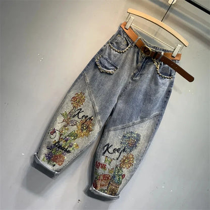 European 2023 Spring Summer New Ladies Printed Diamond Denim Harem Pants Women's Fashion Streetwear Elastic Waist Daddy Jeans