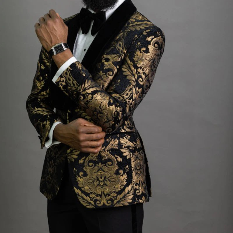 Black Floral Jacquard Men Suits for Prom 2 Piece Slim Fit with Velvet Shawl Lapel Wedding Groom Tuxedo Male Fashion Clothes 2023 - MAGNET MARKET